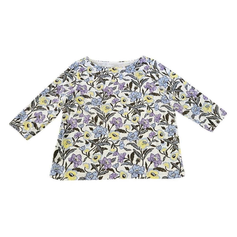 The Talbots Tee Womens 2X Floral Boat Neck Tee 3/4 Sleeve Purple Yellow Cotton